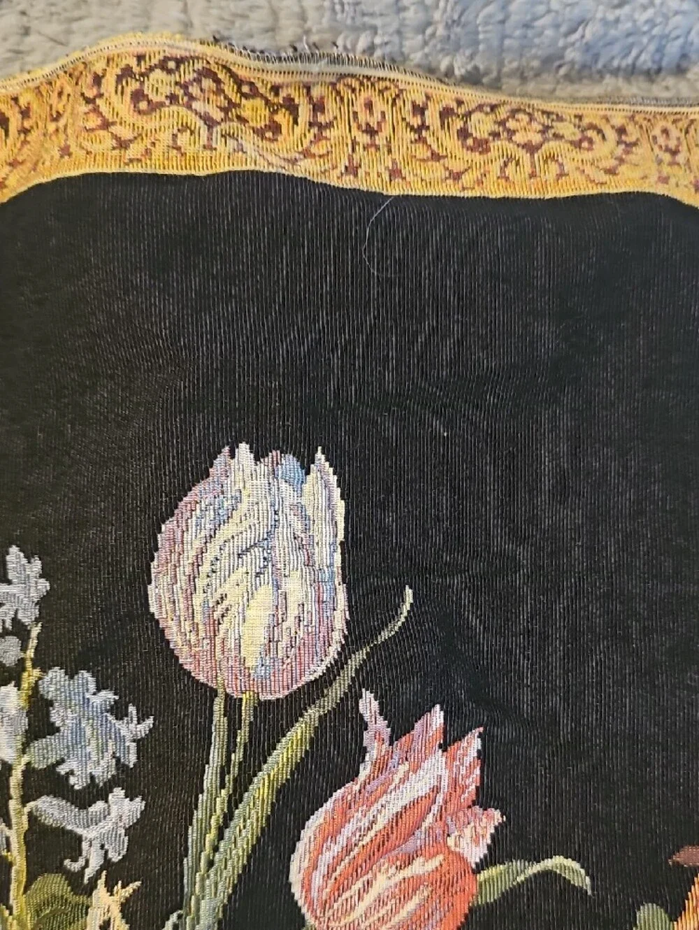Vintage Black Tapestry Floral Basket Home Decor 70s Wall Hanging 27 X 25